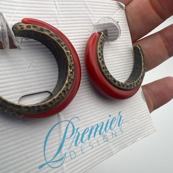 Premier Designs Red and Gold Textured Earrings - Picture 4 of 4